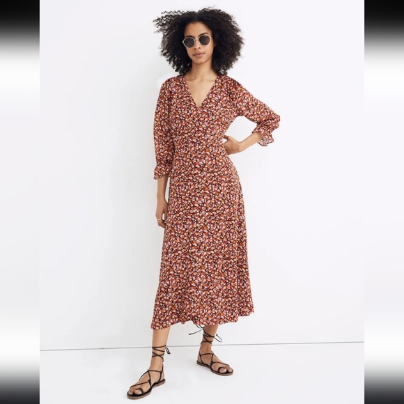 Madewell Long-Sleeve Crossover Midi Dress in Clipdot Spring Prairie - Picture 1 of 6